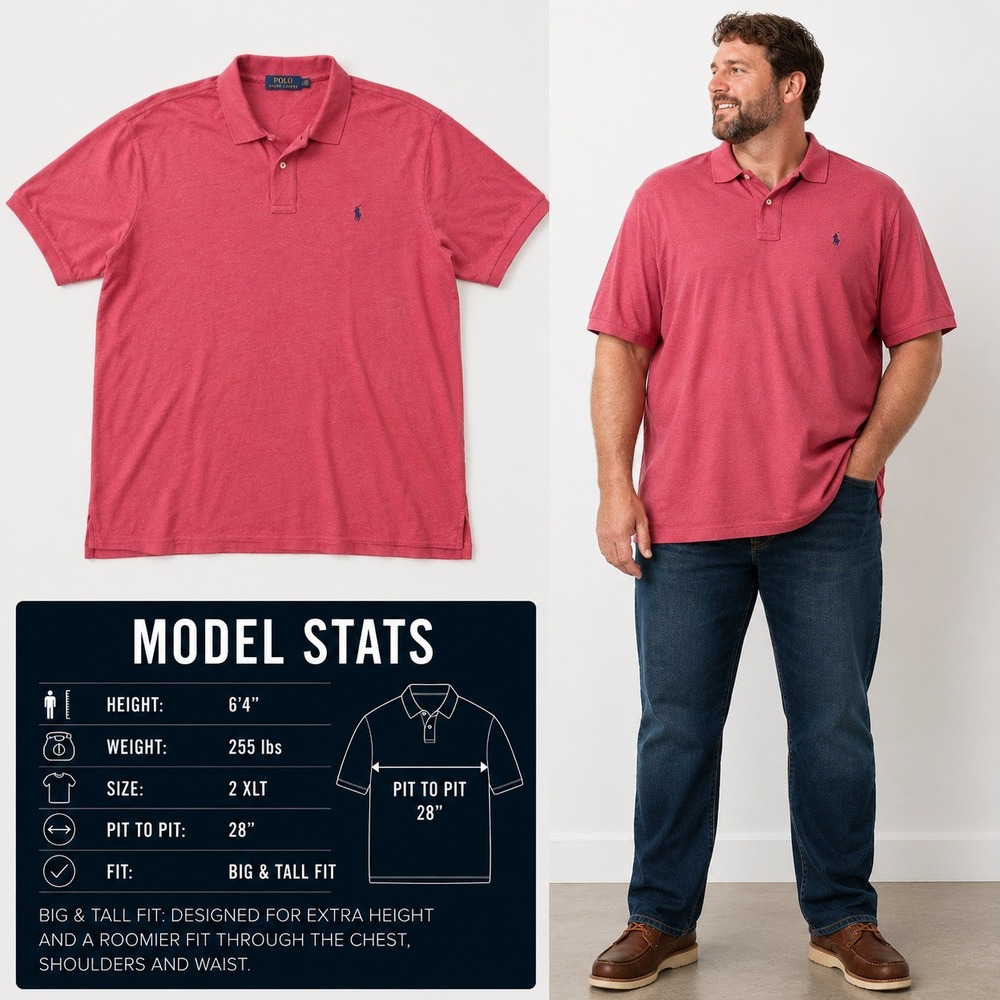 Polo Ralph Lauren Mens 2XLT Big & Tall Red Heather Short Sleeve‎ Polo Shirt 877